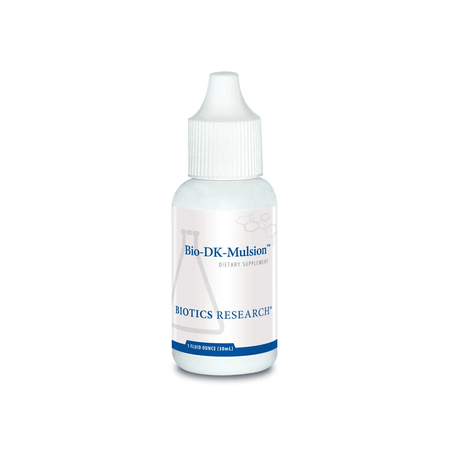 Front view of the Biotics Research Bio DK Mulsion bottle featuring the micro emulsified liquid vitamin D3 K1 and K2 formula