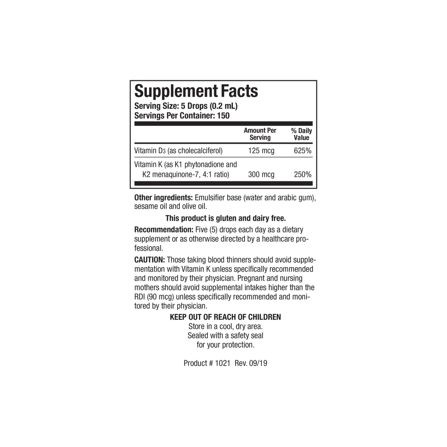 Close up of the Bio DK Mulsion supplement facts label detailing the vitamin D3 vitamin K1 and vitamin K2 as MK7 per single drop