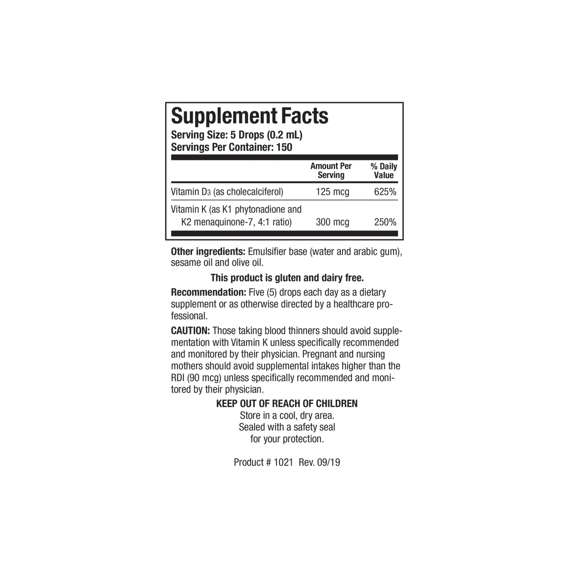 Close up of the Bio DK Mulsion supplement facts label detailing the vitamin D3 vitamin K1 and vitamin K2 as MK7 per single drop