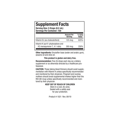 Close up of the Bio DK Mulsion supplement facts label detailing the vitamin D3 vitamin K1 and vitamin K2 as MK7 per single drop