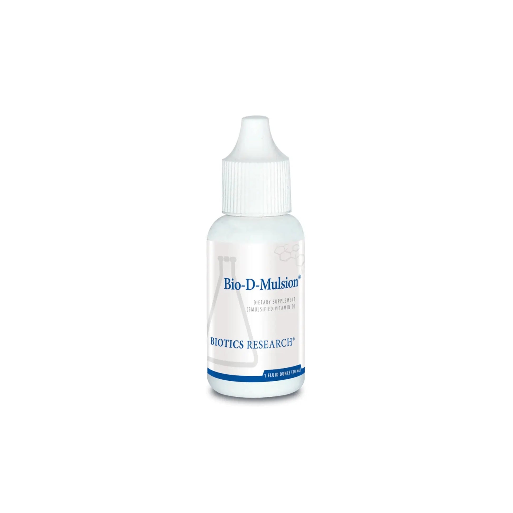 Front view of the Biotics Research Bio D Mulsion liquid drop bottle featuring the micro emulsified vitamin D3 formula