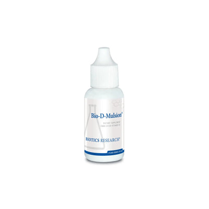 Front view of the Biotics Research Bio D Mulsion liquid drop bottle featuring the micro emulsified vitamin D3 formula
