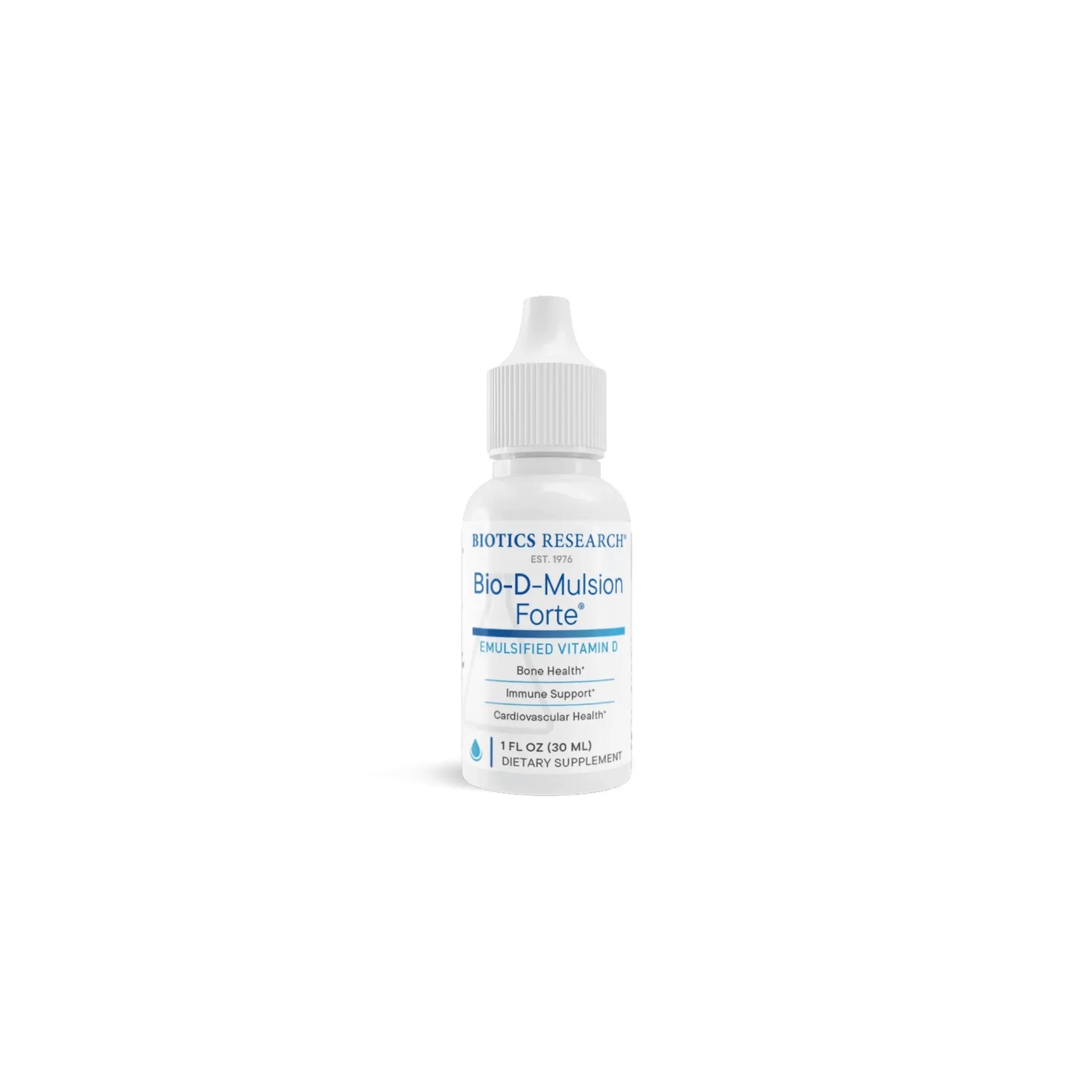 Front view of the Biotics Research Bio D Mulsion Forte bottle highlighting the high potency emulsified vitamin D3 liquid formula