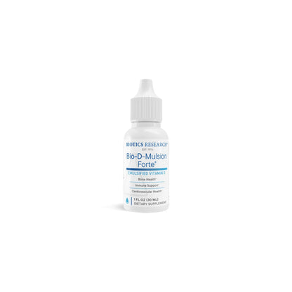 Front view of the Biotics Research Bio D Mulsion Forte bottle highlighting the high potency emulsified vitamin D3 liquid formula