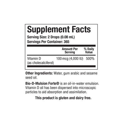 Close up of the Bio D Mulsion Forte supplement facts label detailing the two thousand IU of vitamin D3 as cholecalciferol per single drop