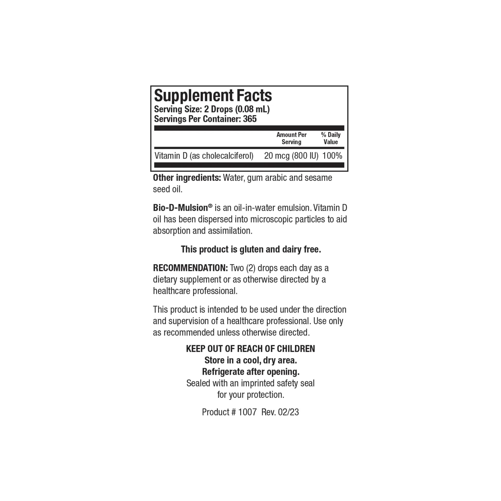 Close up of the Bio D Mulsion supplement facts label detailing four hundred IU of vitamin D3 as cholecalciferol per single drop