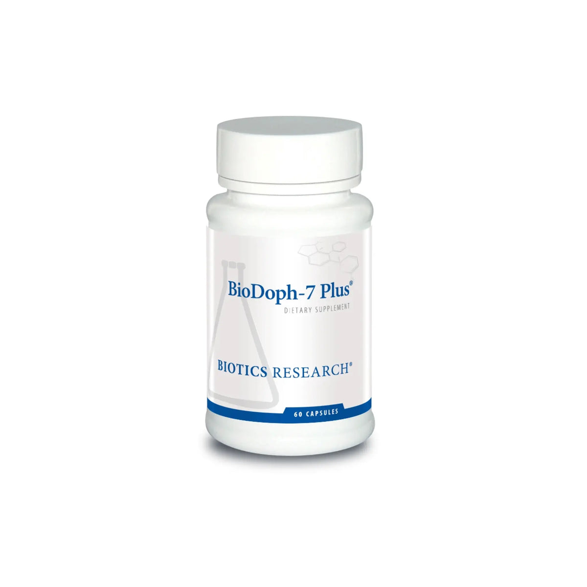 Front view of the Biotics Research BioDoph 7 Plus bottle showcasing the multi strain probiotic and prebiotic formula