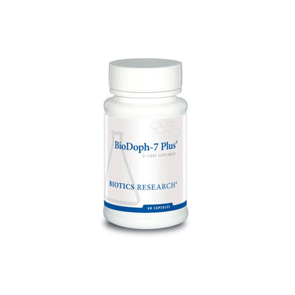 Front view of the Biotics Research BioDoph 7 Plus bottle showcasing the multi strain probiotic and prebiotic formula