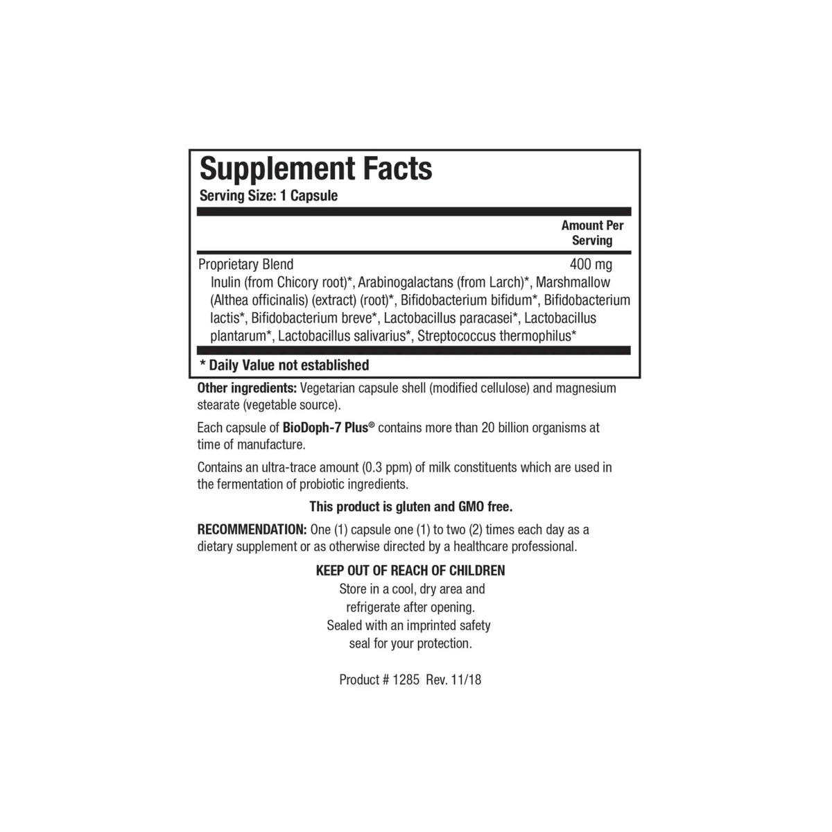 Close up of the BioDoph 7 Plus supplement facts label detailing seven probiotic strains and prebiotic fibers per capsule