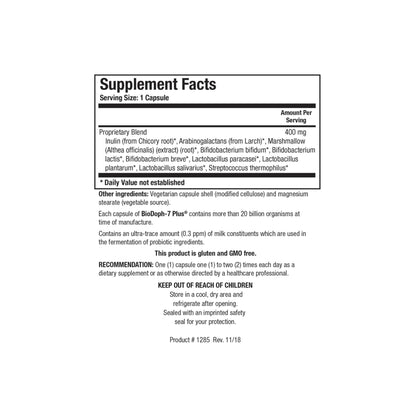 Close up of the BioDoph 7 Plus supplement facts label detailing seven probiotic strains and prebiotic fibers per capsule