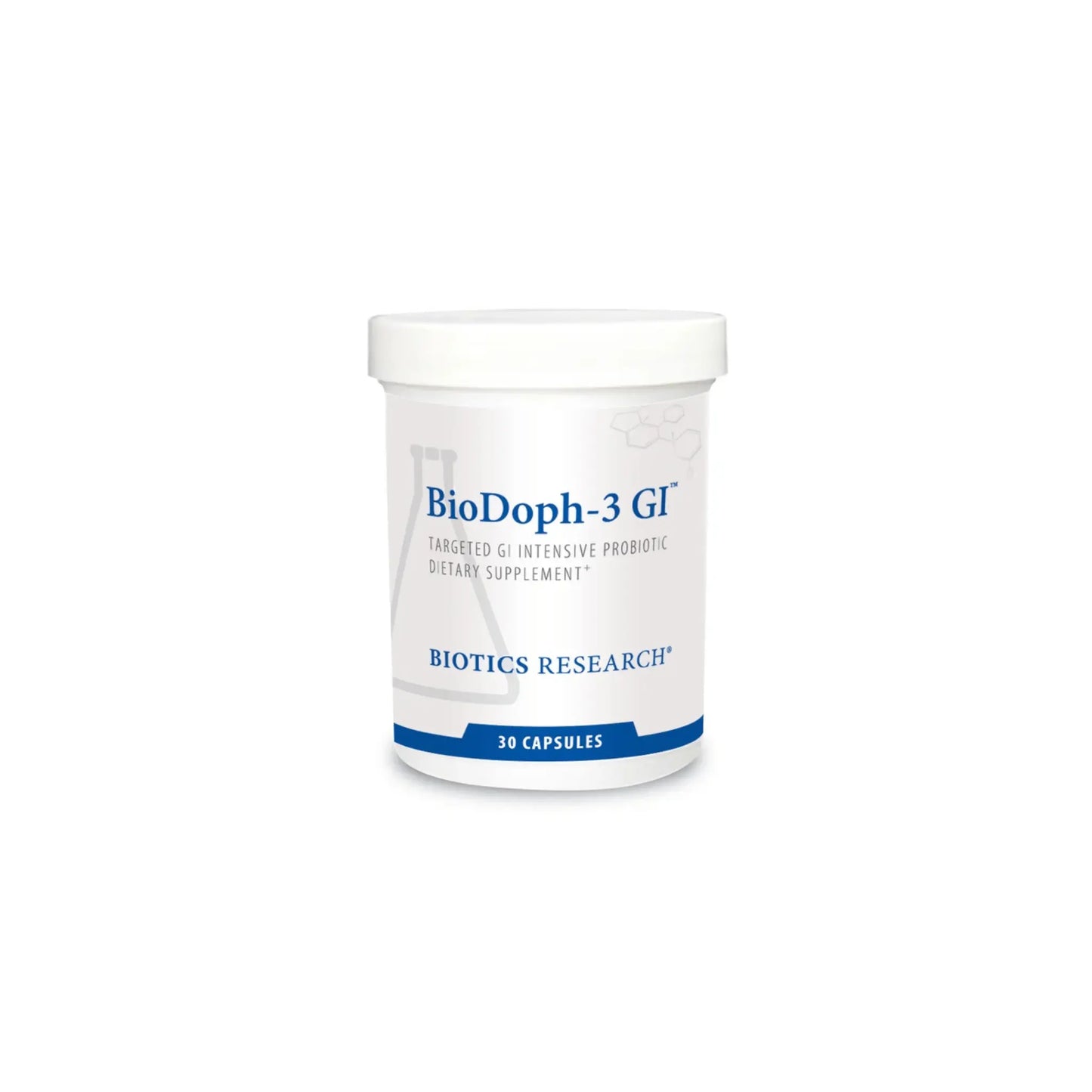 Front view of the Biotics Research BioDoph 3 GI bottle featuring the targeted three strain probiotic blend for gastrointestinal health