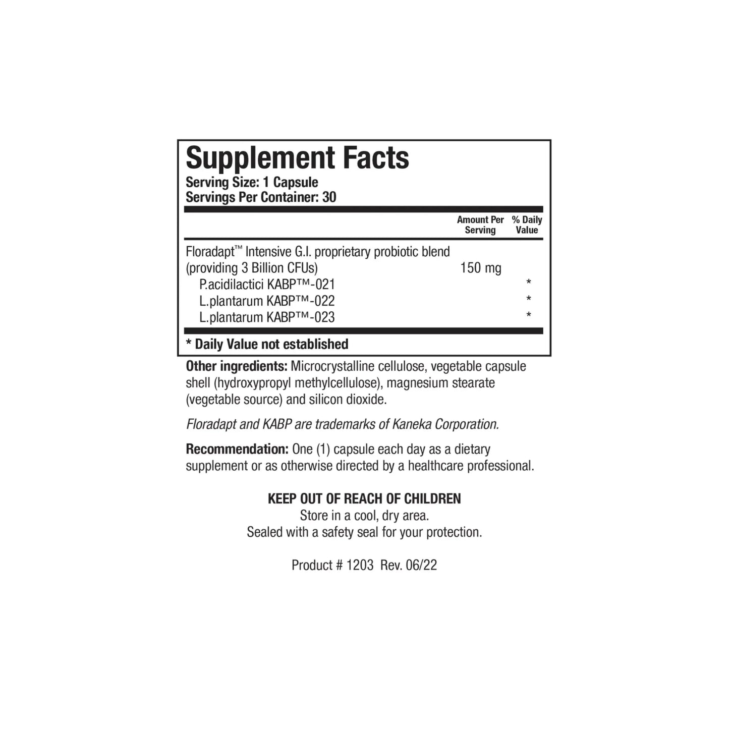 Close up of the BioDoph 3 GI supplement facts label detailing the specific probiotic strains and colony forming unit counts per capsule