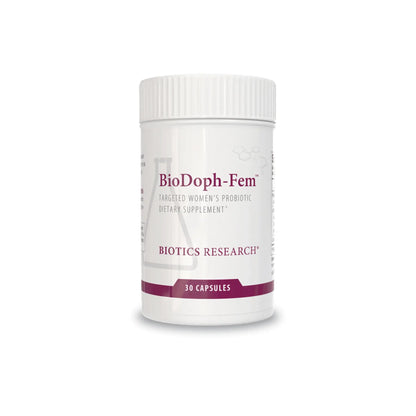 Front view of the Biotics Research BioDoph Fem bottle showcasing the targeted womens probiotic and cranberry formula
