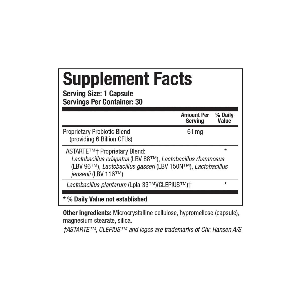 Close up of the BioDoph Fem supplement facts label detailing specific probiotic strains and cranberry extract content per capsule
