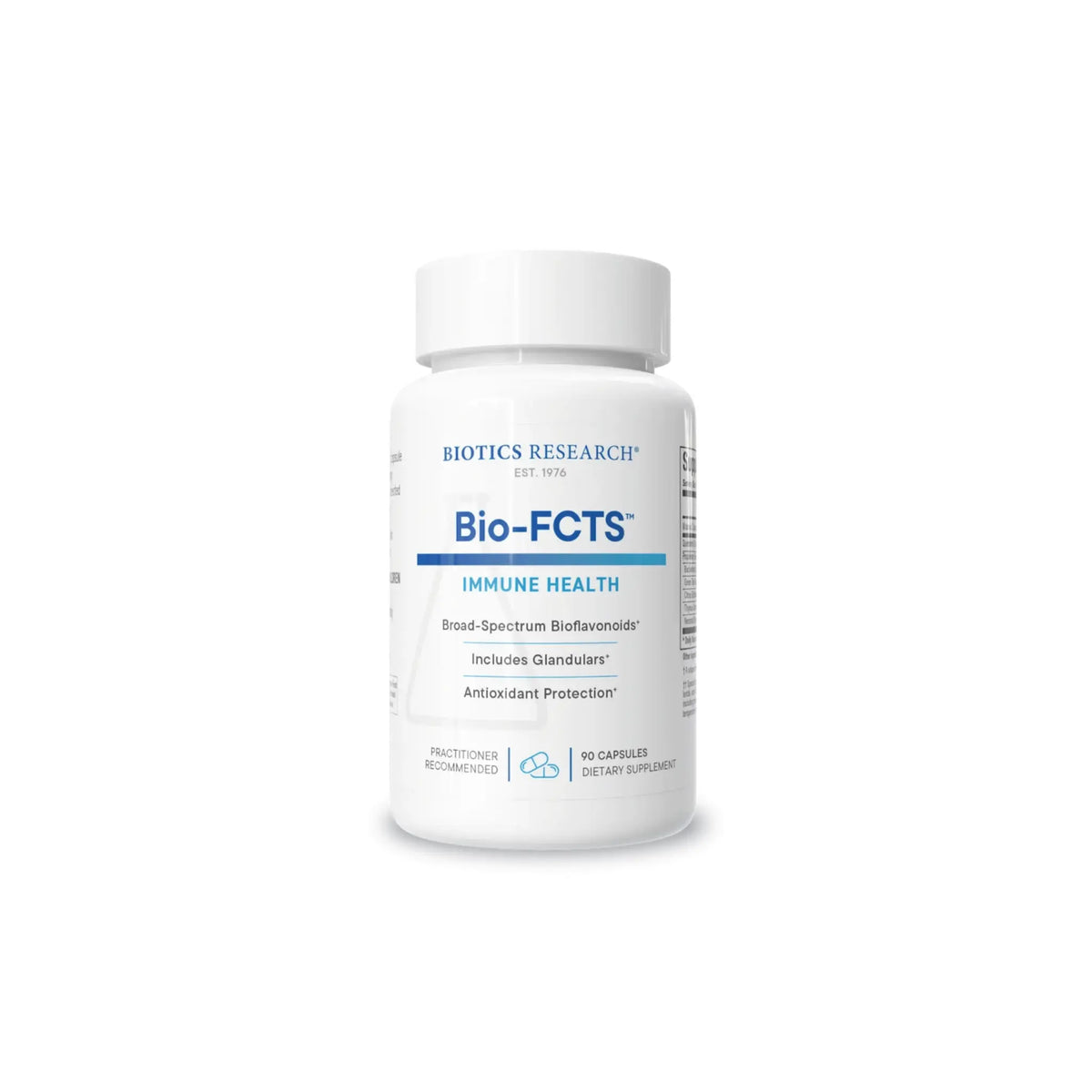 Front view of the Biotics Research Bio FCTS bottle highlighting the specialized bioflavonoid and vitamin C formula