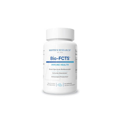 Front view of the Biotics Research Bio FCTS bottle highlighting the specialized bioflavonoid and vitamin C formula