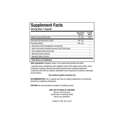 Close up of the Bio FCTS supplement facts label detailing the citrus bioflavonoids quercetin hesperidin rutin vitamin C superoxide dismutase and catalase
