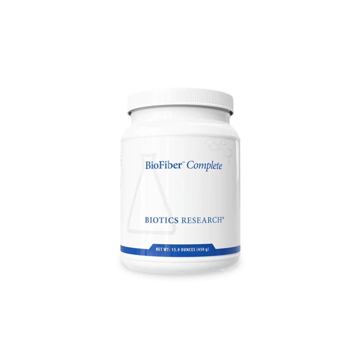 Front view of the Biotics Research BioFiber Complete container highlighting the dietary fiber and botanical blend