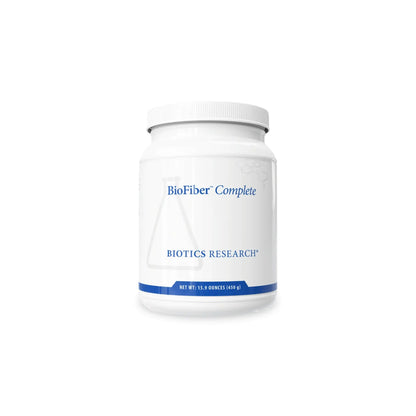 Front view of the Biotics Research BioFiber Complete container highlighting the dietary fiber and botanical blend