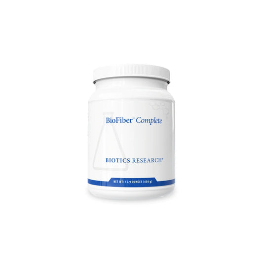 Front view of the Biotics Research BioFiber Complete container highlighting the dietary fiber and botanical blend