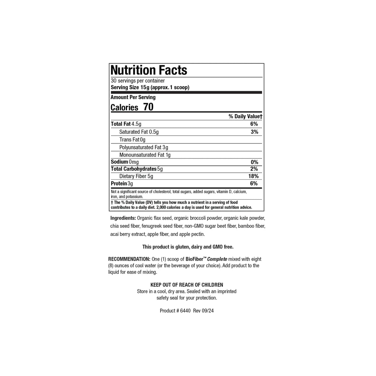 Close up of the BioFiber Complete supplement facts label detailing soluble and insoluble fiber sources and supporting botanicals