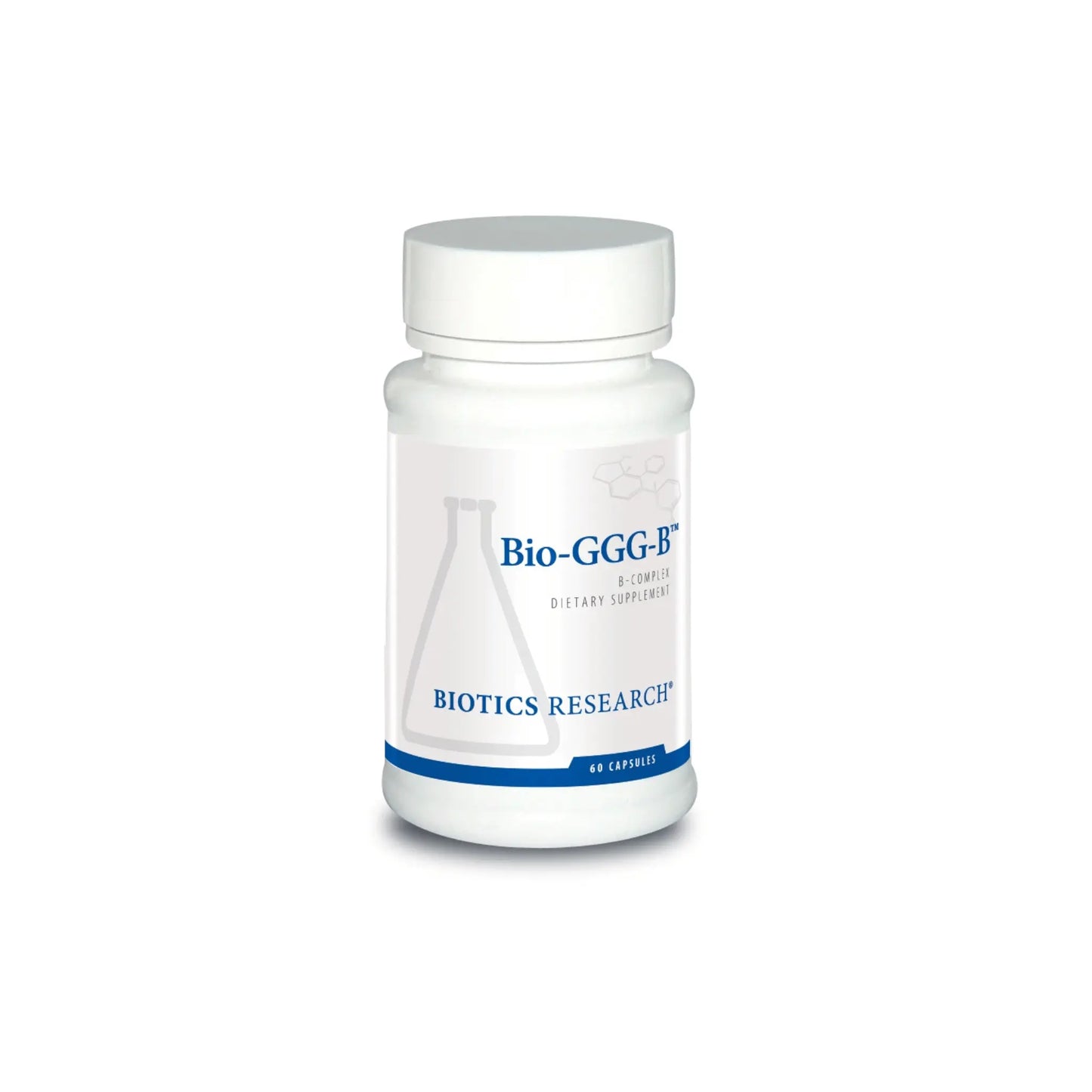 Front view of the Biotics Research Bio GGG B bottle featuring the multi glandular and B complex formula