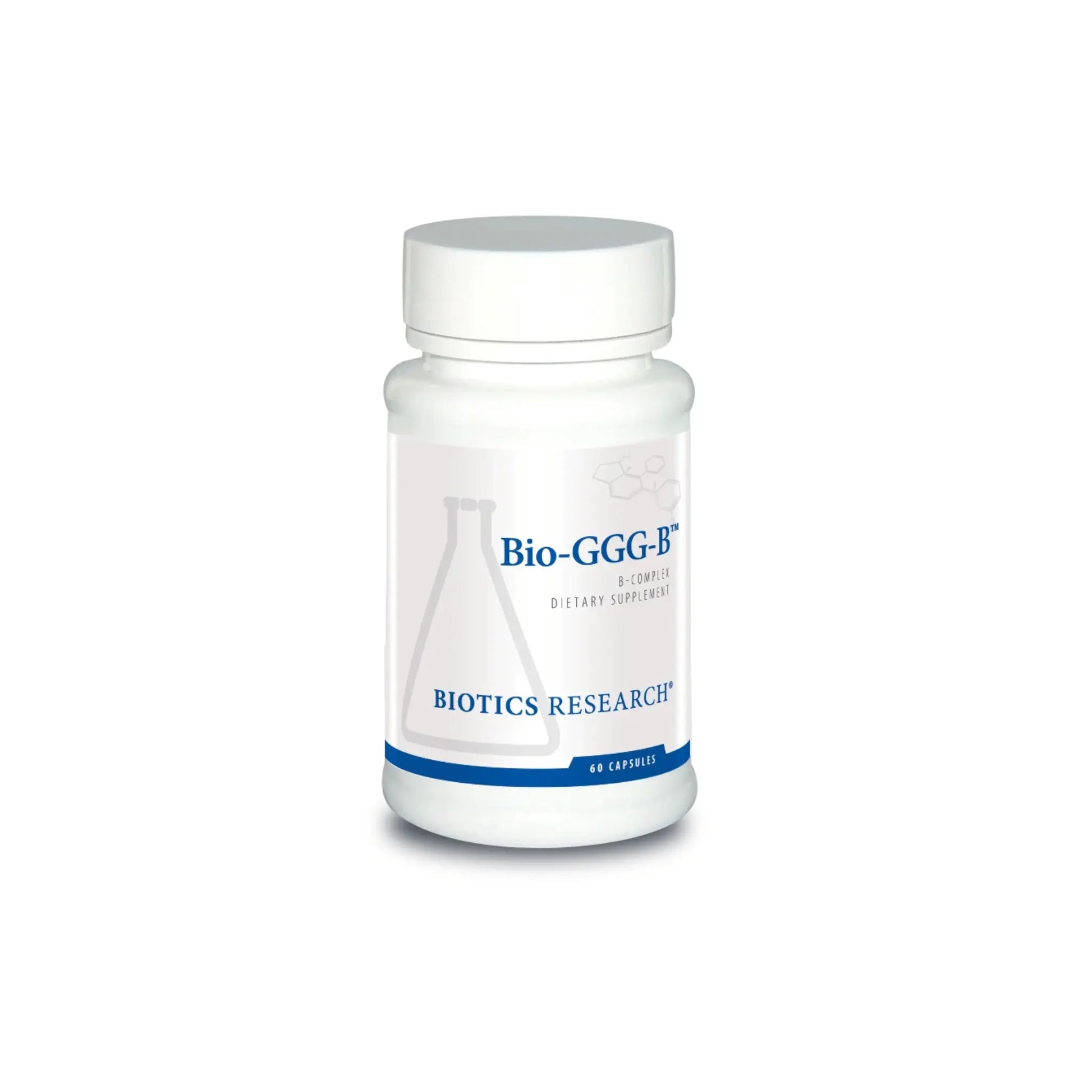 Front view of the Biotics Research Bio GGG B bottle featuring the multi glandular and B complex formula