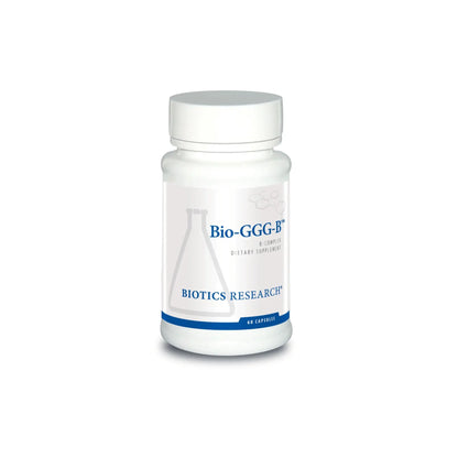 Front view of the Biotics Research Bio GGG B bottle featuring the multi glandular and B complex formula