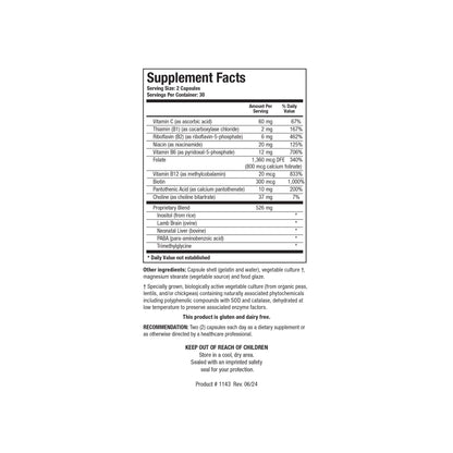 Close up of the Bio GGG B supplement facts label detailing the raw bovine glandular concentrates B vitamins superoxide dismutase and catalase