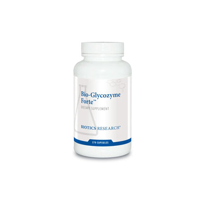 Front view of the Biotics Research Bio Glycozyme Forte bottle featuring the broad spectrum blood sugar and metabolic support formula
