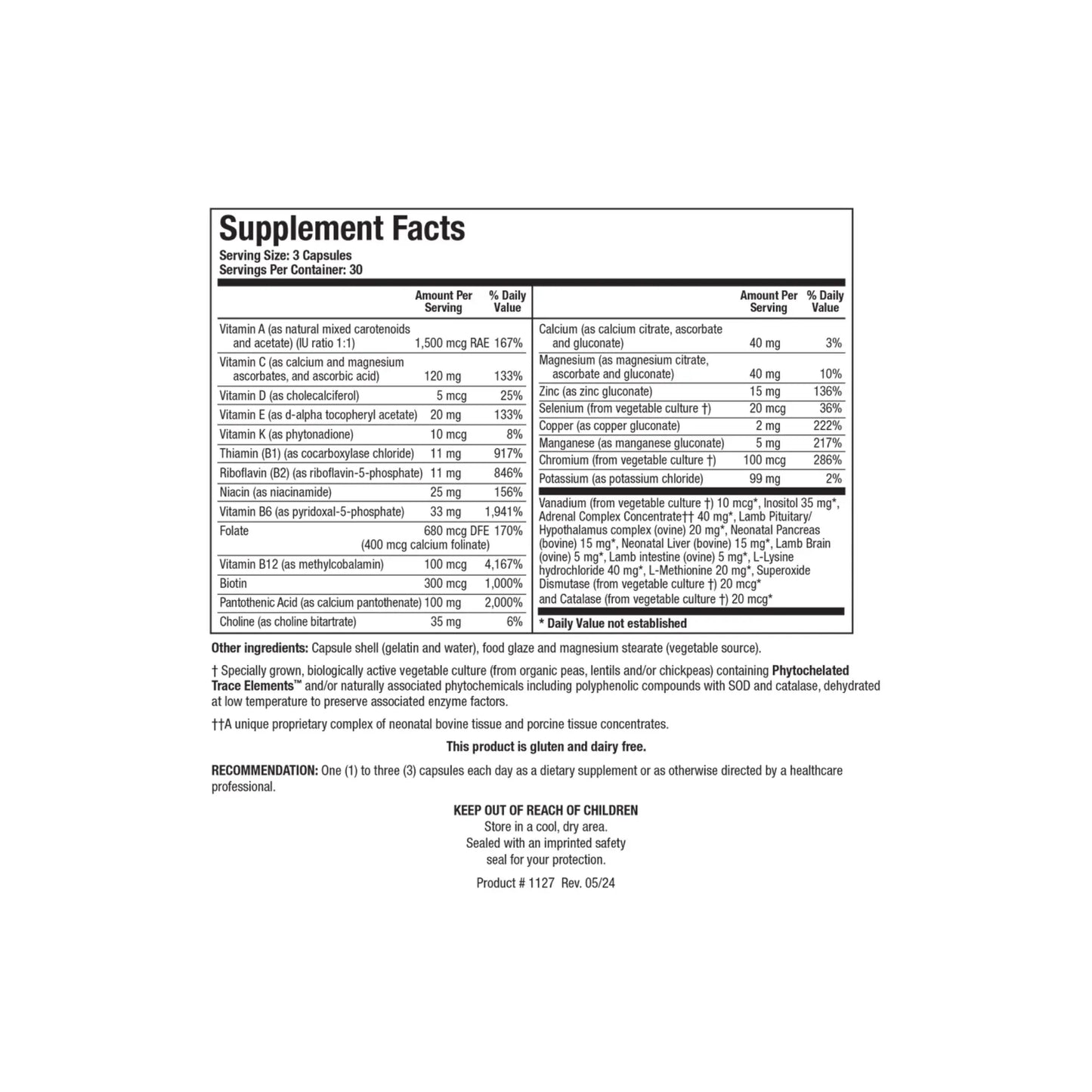 Close up of the Bio Glycozyme Forte supplement facts label detailing the vitamins minerals chromium picolinate amino acids and glandular concentrates