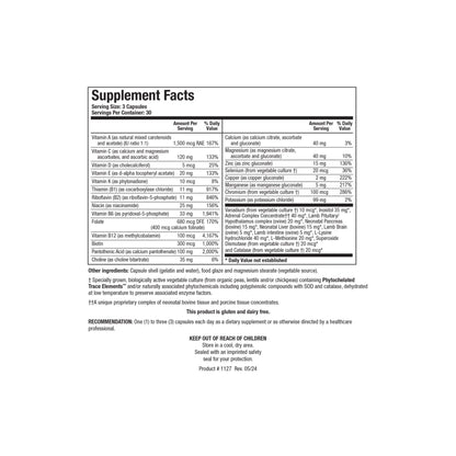 Close up of the Bio Glycozyme Forte supplement facts label detailing the vitamins minerals chromium picolinate amino acids and glandular concentrates