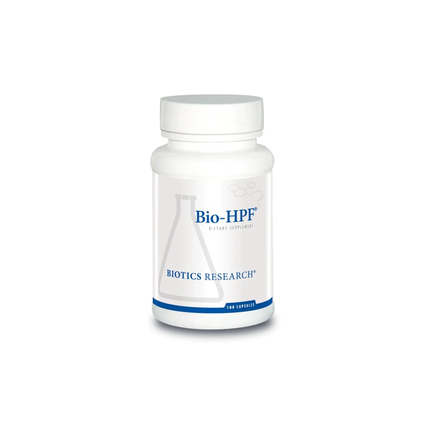 Front view of the Biotics Research Bio HPF bottle highlighting the specialized gastric mucosa and gastrointestinal support formula