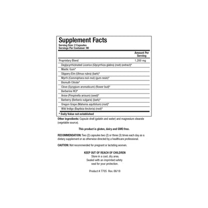 Close up of the Bio HPF supplement facts label detailing licorice root extract bismuth citrate bentonite clay and botanical ingredients