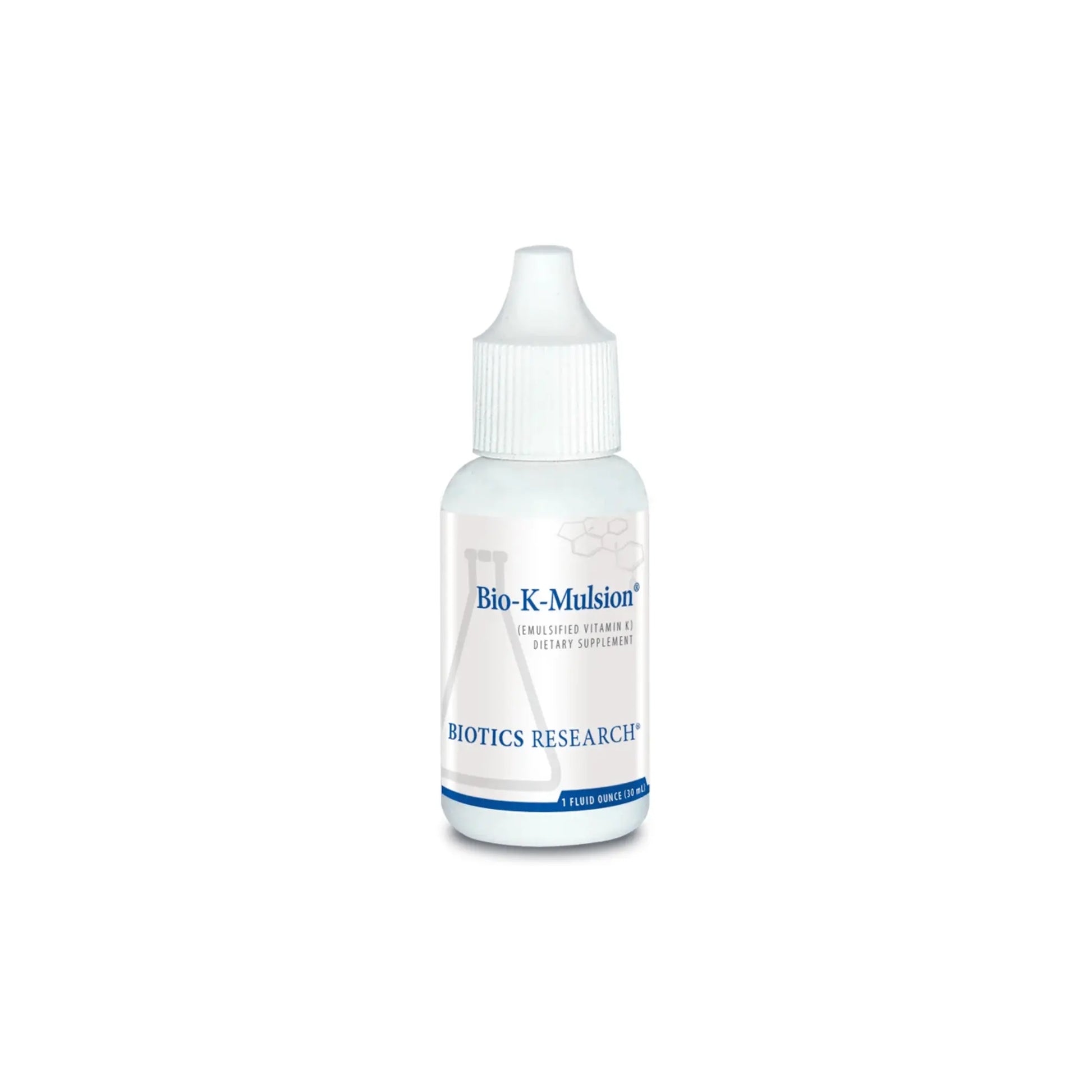 Front view of the Biotics Research Bio K Mulsion bottle showcasing the micro emulsified liquid vitamin K1 formula