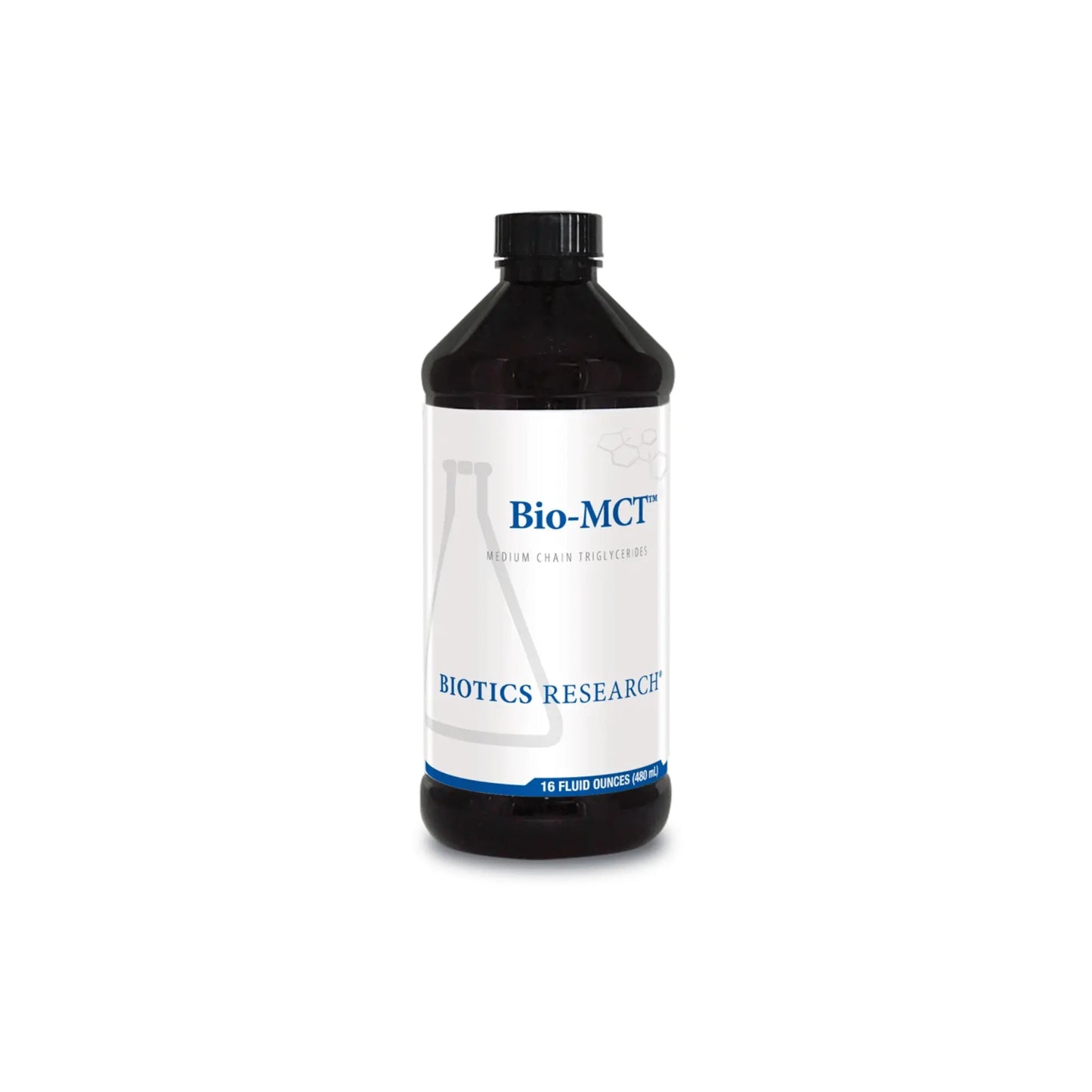 Front view of the Biotics Research Bio MCT bottle showcasing the pure medium chain triglyceride liquid energy formula