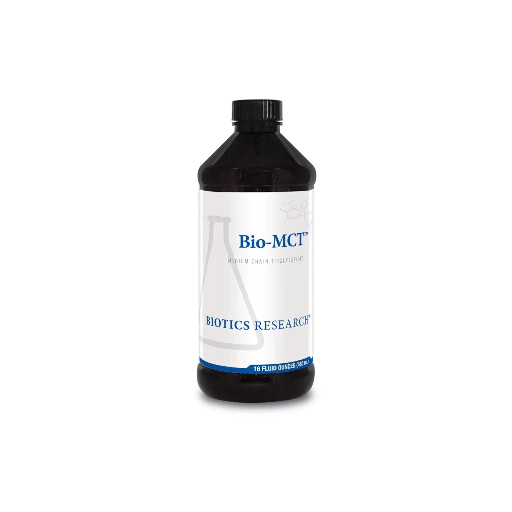 Front view of the Biotics Research Bio MCT bottle showcasing the pure medium chain triglyceride liquid energy formula
