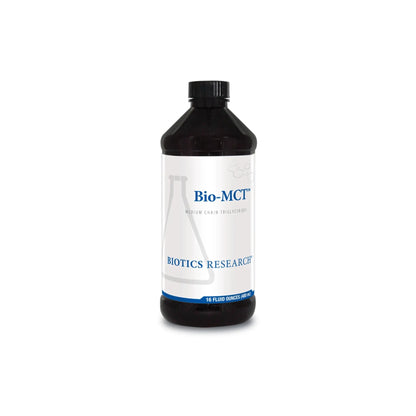 Front view of the Biotics Research Bio MCT bottle showcasing the pure medium chain triglyceride liquid energy formula