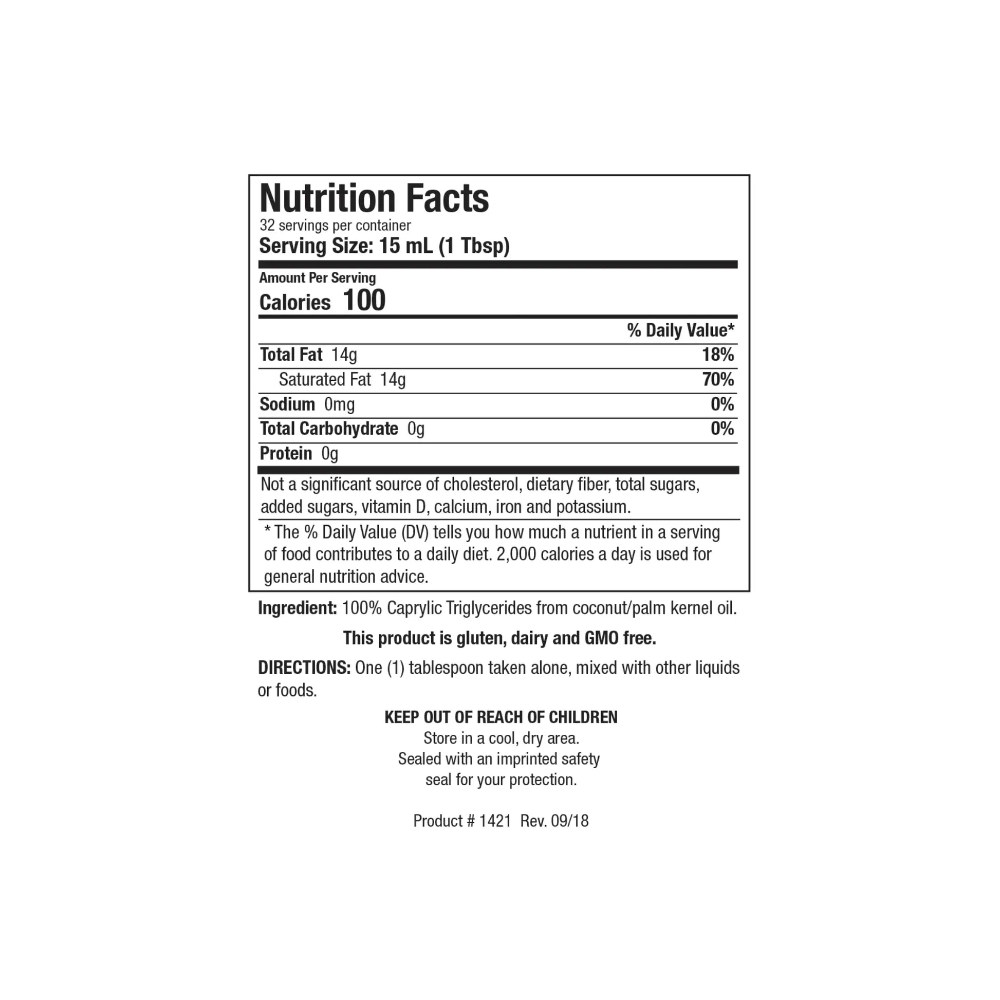 Close up of the Bio MCT supplement facts label detailing pure caprylic acid and capric acid content per tablespoon serving