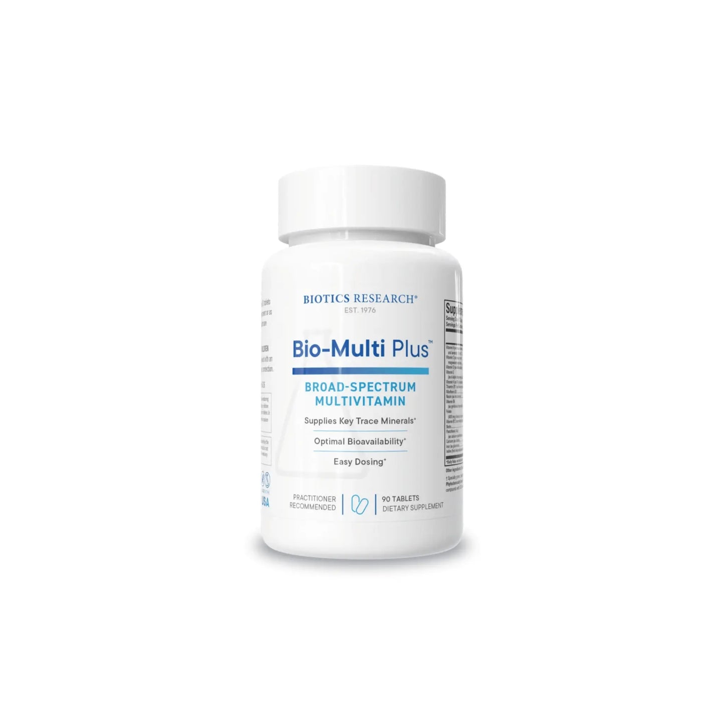 Front view of the Biotics Research Bio Multi Plus bottle showcasing the broad spectrum multivitamin and mineral formula