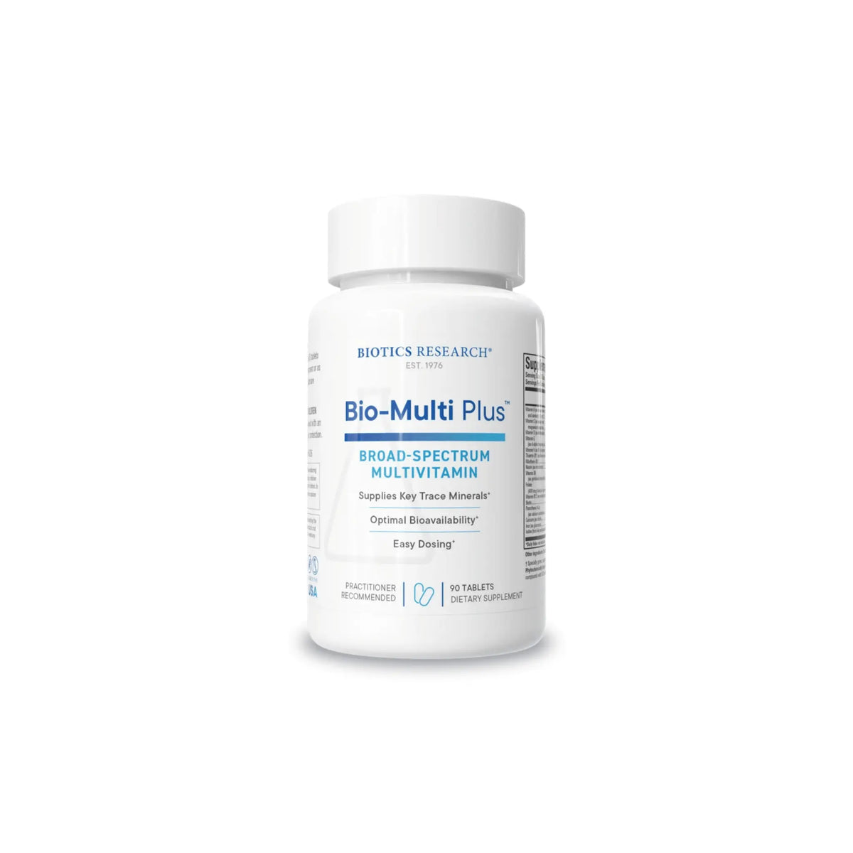 Front view of the Biotics Research Bio Multi Plus bottle showcasing the broad spectrum multivitamin and mineral formula