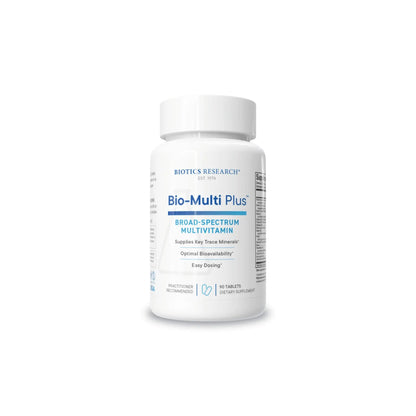 Front view of the Biotics Research Bio Multi Plus bottle showcasing the broad spectrum multivitamin and mineral formula