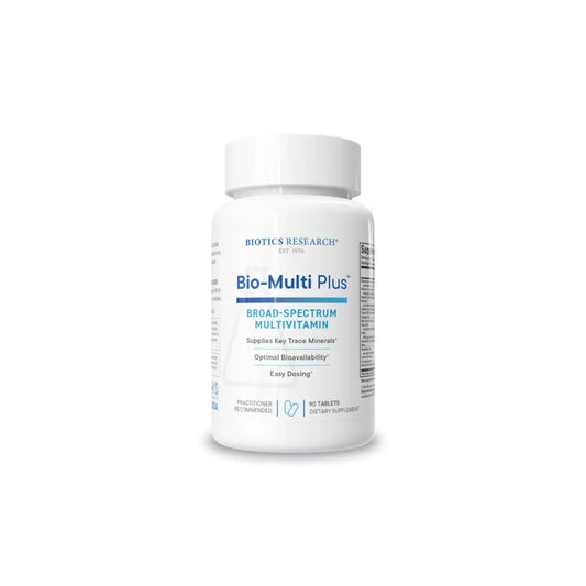 Front view of the Biotics Research Bio Multi Plus bottle showcasing the broad spectrum multivitamin and mineral formula
