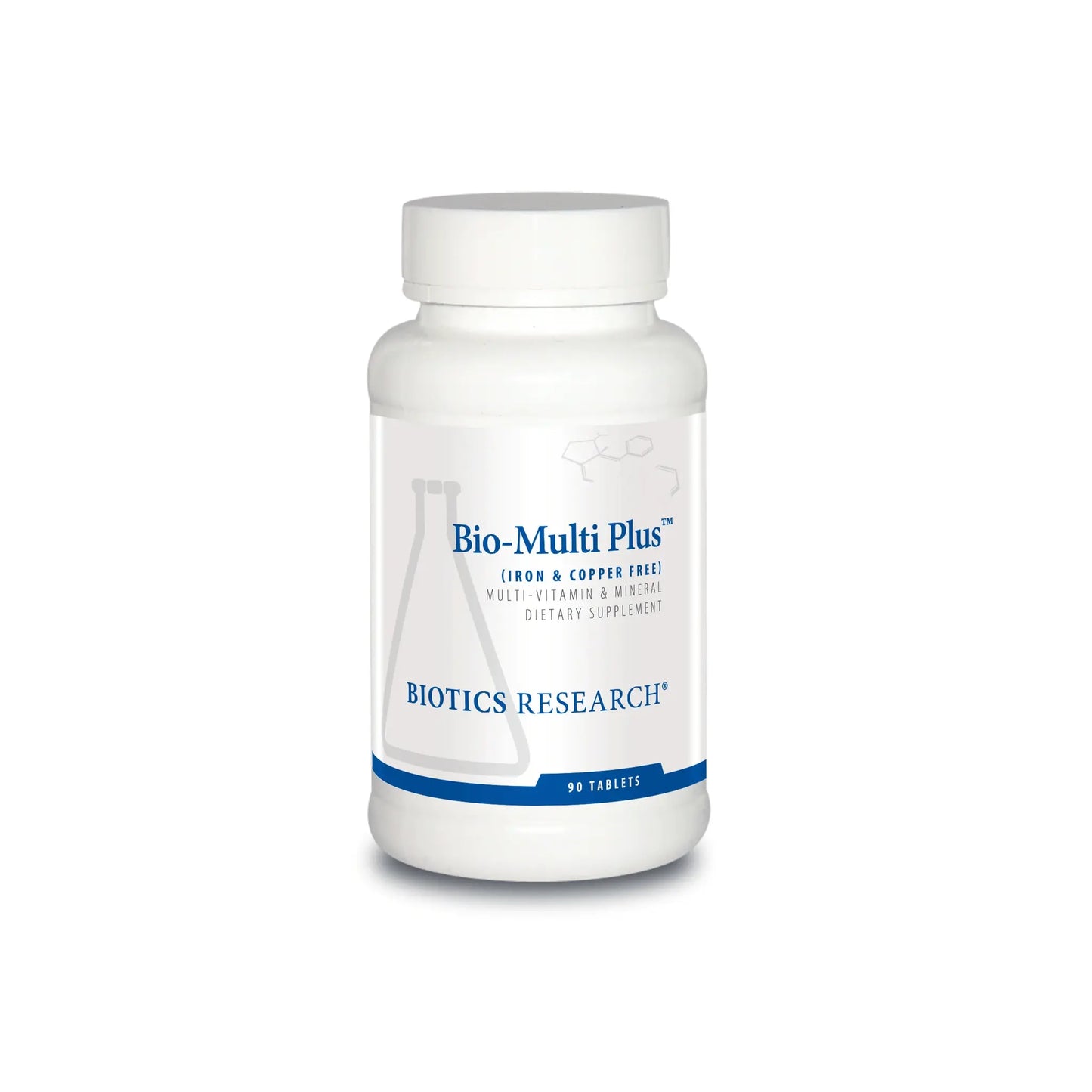 Front view of the Biotics Research Bio Multi Plus Fe and Cu Free bottle highlighting the iron and copper free multivitamin formula