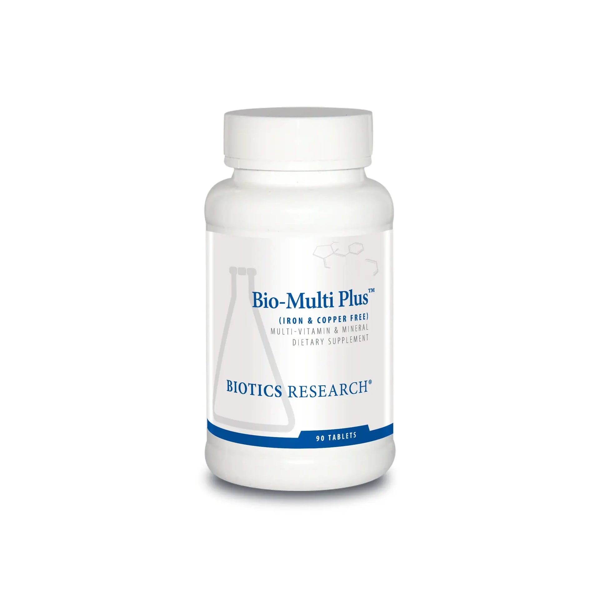 Front view of the Biotics Research Bio Multi Plus Fe and Cu Free bottle highlighting the iron and copper free multivitamin formula
