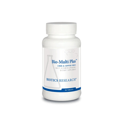 Front view of the Biotics Research Bio Multi Plus Fe and Cu Free bottle highlighting the iron and copper free multivitamin formula