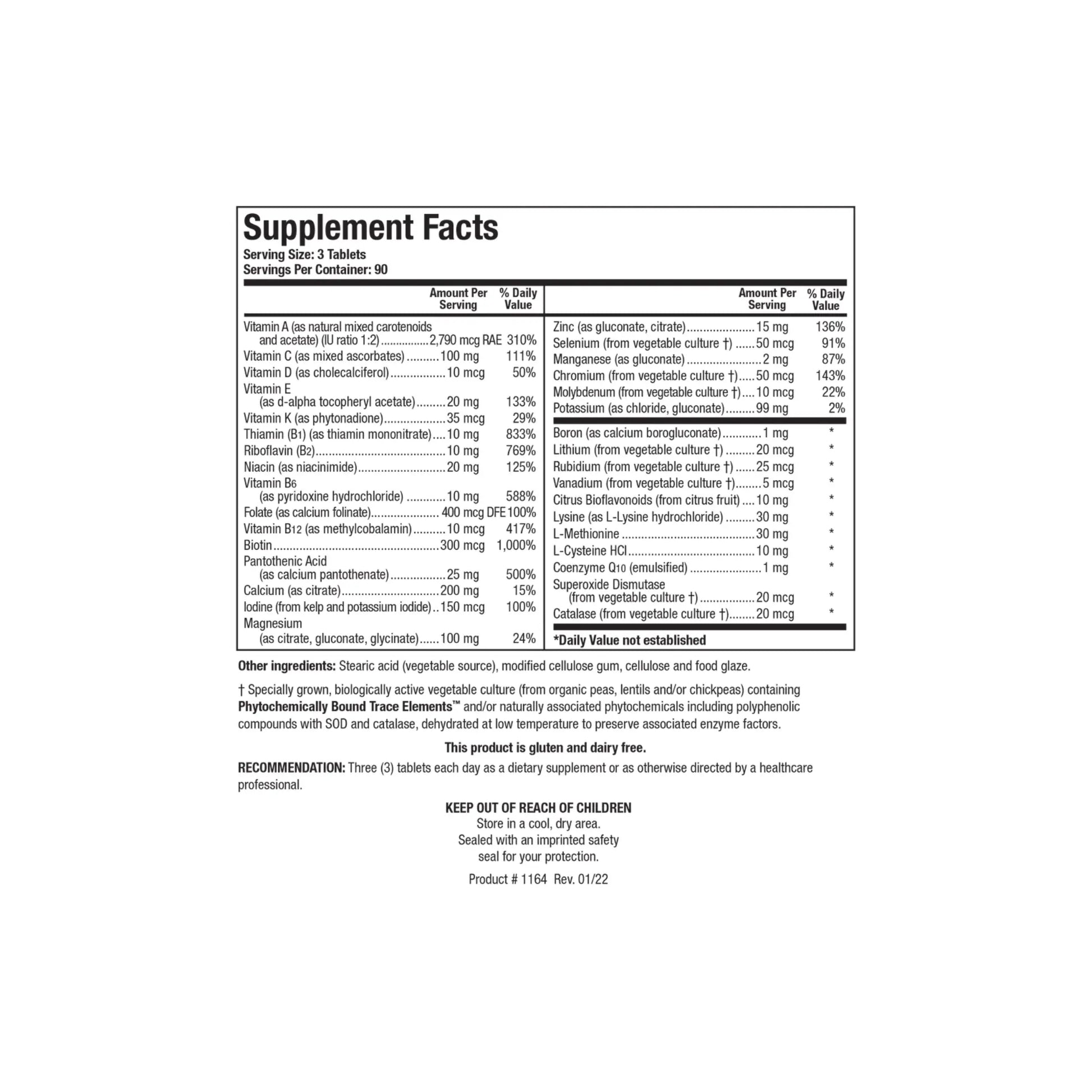 Close up of the Bio Multi Plus Fe and Cu Free supplement facts label detailing vitamins minerals superoxide dismutase and catalase without iron or copper