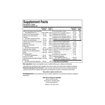 Close up of the Bio Multi Plus Fe and Cu Free supplement facts label detailing vitamins minerals superoxide dismutase and catalase without iron or copper