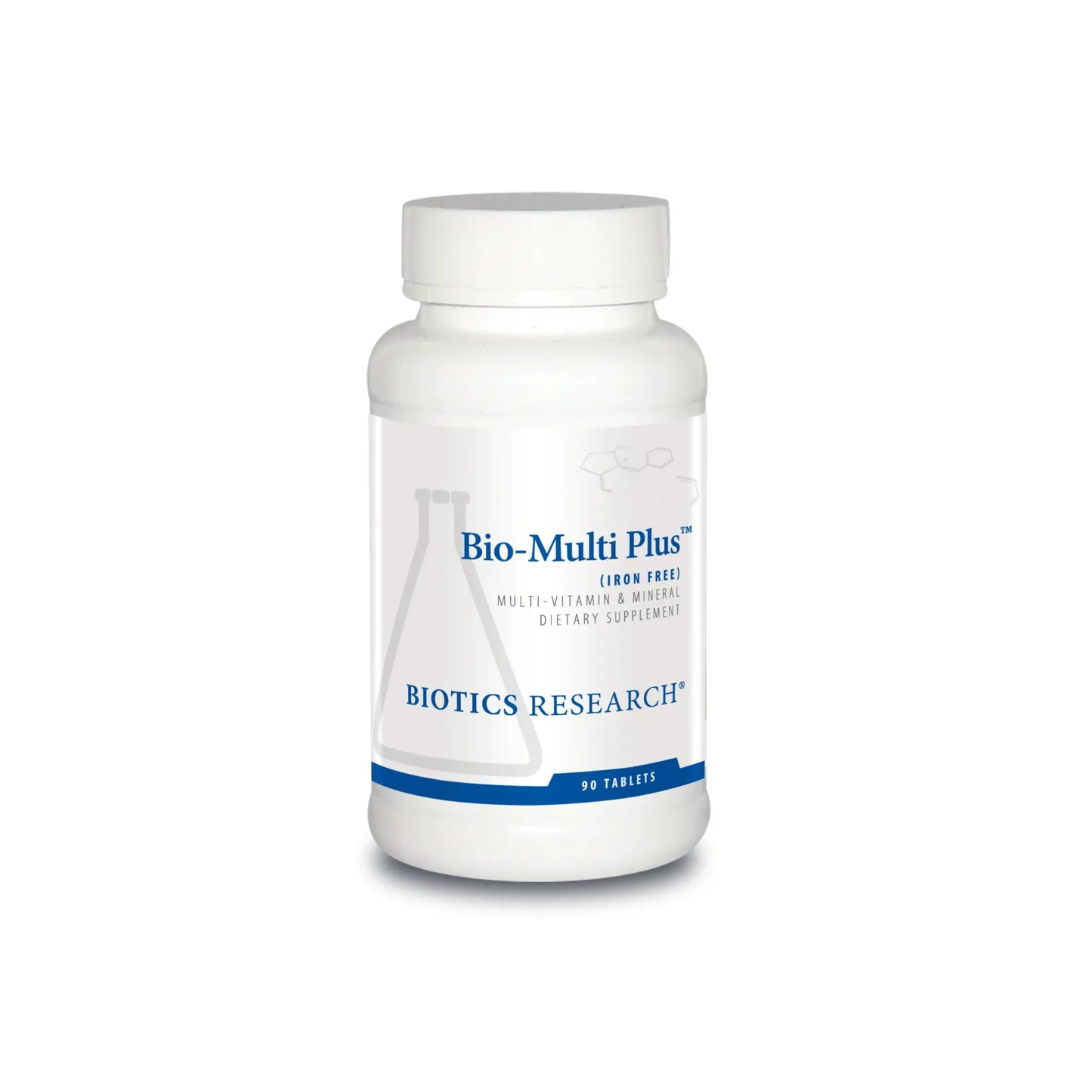 Front view of the Biotics Research Bio Multi Plus Iron Free bottle showcasing the broad spectrum multivitamin formula without iron