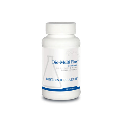 Front view of the Biotics Research Bio Multi Plus Iron Free bottle showcasing the broad spectrum multivitamin formula without iron